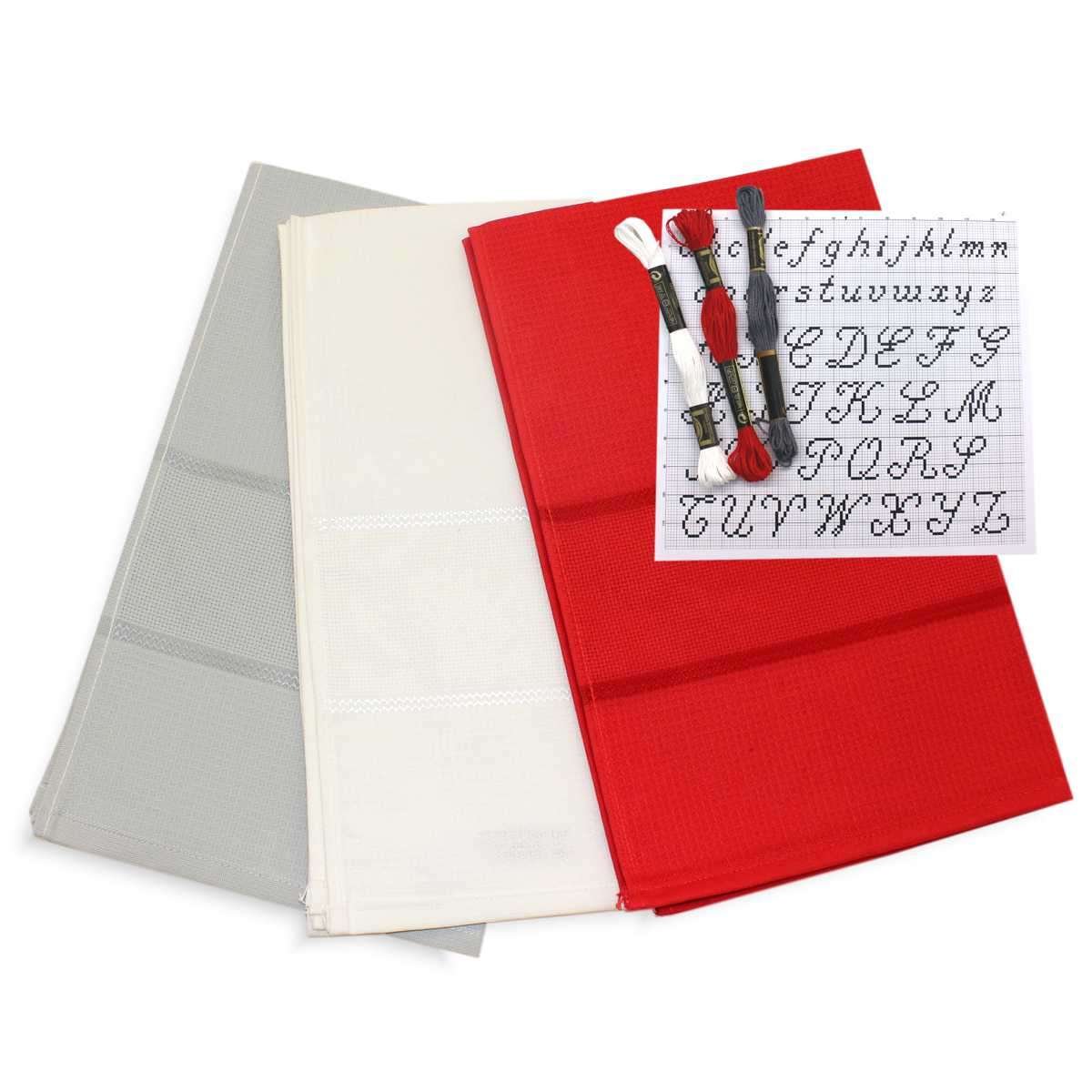 I Ricami del Cuore Cucina Set 3 Strofinacci con Tela AIDA, 3 Matassine e Alfabeto – XPCU342.KT MIX4 3
