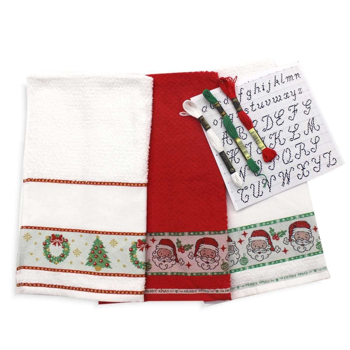 I Ricami del Cuore Strofinacci Natalizi Set 3 Strofinacci Natale (2 pz con Tela AIDA- 1 pz senza Tela Aida), 3 Matassine e Alfabeto – XPNA900.KT 4