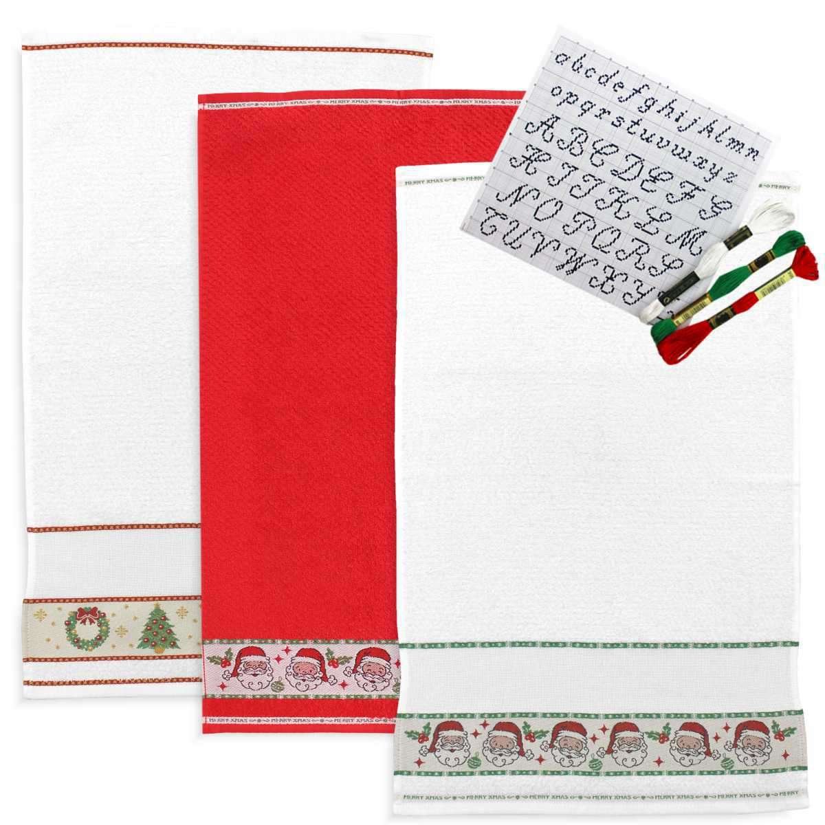 I Ricami del Cuore Strofinacci Natalizi Set 3 Strofinacci Natale (2 pz con Tela AIDA- 1 pz senza Tela Aida), 3 Matassine e Alfabeto – XPNA900.KT 3